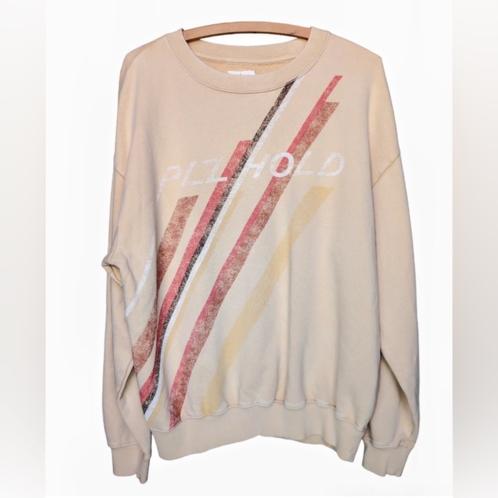 Offline by Aerie Crewneck Sweater with Stripes, says “PLZ HOLD”